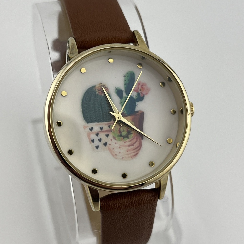 QRTZ Cactus Dial Watch Women 34mm Gold Case Petite Brown Band- New Battery